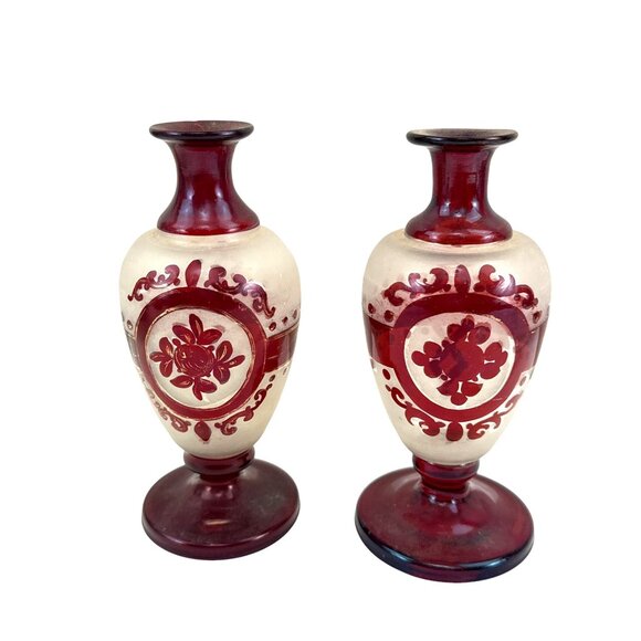 Antique Bohemian Ruby Glass Vases Pair Handblown Red Floral Design "7 Tall - Picture 1 of 13